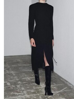 Zara Black Long Sleeve Asymmetrical  Midi Dress with Front Slit